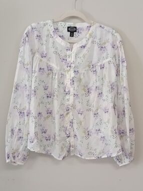 NWT Scoop White Floral Babydoll Balloon Sleeve Button Up Top Prairie Peasant M